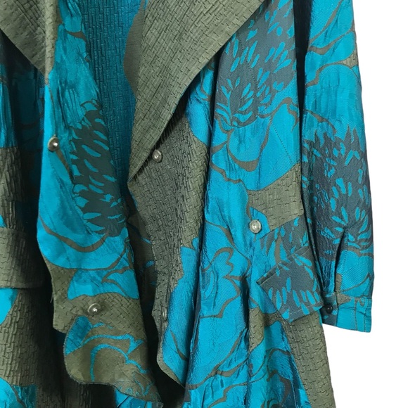 Gorgeous Samuel Dong size L Turquoise Teal Green Coat Jacket Brocade Drapey - Picture 3 of 8